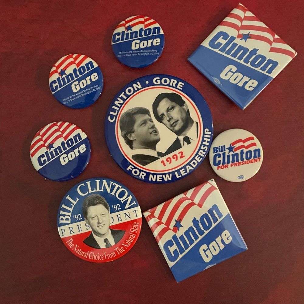 8 Vintage Clinton-Gore Campaign Buttons – 1992 & 1996 Elections